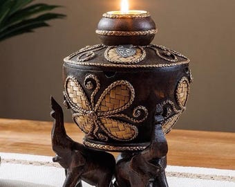 Carved Wood Elephant Ashtray: Retro Home Decor Tealight Holder