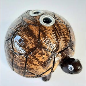 Puede incluir: Un porta lápices de madera marrón en forma de tortuga con dos agujeros en la parte superior. La tortuga tiene un acabado brillante y está hecha de una cáscara de coco.