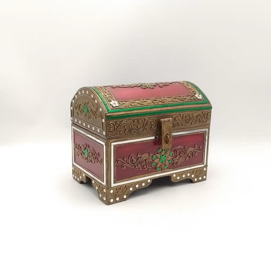 ステンドグラスの象嵌が施されたアンティーク木製チェスト