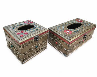 Vintage Gold Wooden Tissue Box – Floral Gemstone Inlays, Decorative Napkin Holder, Elegant Home Decor