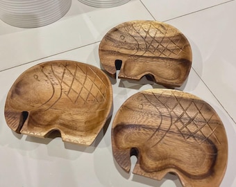 Wooden Plate Carved with Elephant | Handcrafted Elephant Wood Decor | Rustic Carved Wooden Dish | Boho Animal Home Decor