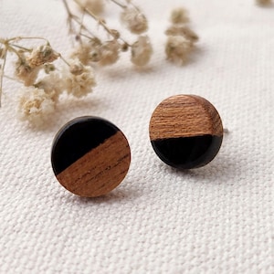 Black Resin and Wood Stud Earrings, Hypoallergenic Post