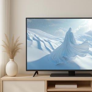 Könnte beinhalten: Ein Flachbildfernseher zeigt eine ruhige Winterlandschaft mit einer Figur in fließendem weißen Stoff. Der Fernseher steht auf einem hellen Holzschrank, mit einer dekorativen Vase und getrockneten Pflanzen links.