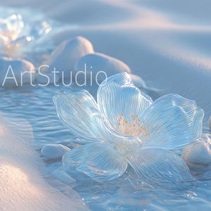 May include: A serene digital art piece featuring a stream of water flowing through a sandy landscape. Transparent, glass-like flowers with yellow centers and smooth, white stones are scattered throughout the scene. The text "HydraArtStudio" is visible.