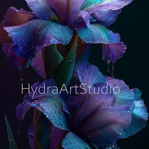 Può includere: Primo piano di vibranti fiori di iris nelle tonalità del viola, blu e verde acqua, con goccioline d'acqua che brillano sui petali. L'immagine presenta il testo "HydraArtStudio" in bianco. I fiori sono su sfondo scuro.