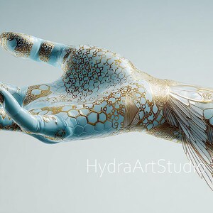 Puede incluir: Imagen digital de una mano en azul claro con intrincados detalles dorados. El diseño presenta un patrón de panal y adornos ornamentados, con una estructura similar a un ala que se extiende desde la muñeca. La estética general es artística y etérea.