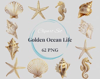 May include: A collection of golden sea life illustrations, including seashells, starfish, and seahorses. The text "Clipart Set Golden Ocean Life 62 PNG" is displayed in the center, surrounded by a blue swirl.