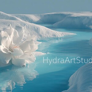 May include: A tranquil scene of a white flower in a turquoise river, set against snow-covered hills and a pale blue sky. The text "HydraArtStudio" is displayed in the image.