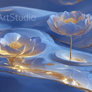 Könnte beinhalten: Digitale Kunst mit zwei stilisierten Blumen mit durchscheinenden blauen Blütenblättern und goldenen Zentren, die auf einer blauen, flüssigkeitsartigen Oberfläche schweben. Der Text "HydraArtStudio" ist enthalten.