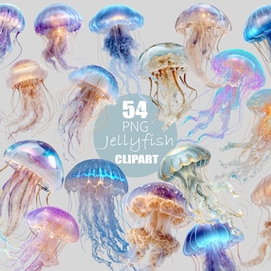 May include: A collection of 54 PNG jellyfish clip art images. The jellyfish are in various colors, including blue, purple, orange, and gold. Each jellyfish has a unique design and shape, with long, flowing tentacles. The text "54 PNG Jellyfish CLIPART" is visible.