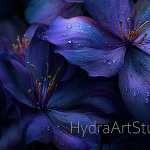 May include: Close-up of deep blue flowers with water droplets, showcasing intricate petal details and yellow stamens. The image has a dark, moody aesthetic, with the text "HydraArtStudio" in the bottom right corner.