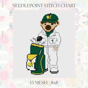 Puede incluir: Gráfico de punto de cruz que muestra un golfista pixelado con uniforme blanco y gorra verde, sosteniendo una bolsa de golf. La bolsa es verde y amarilla. También se ve el texto "13 Mesh 8x8" y "Makenzie Anne Designs".