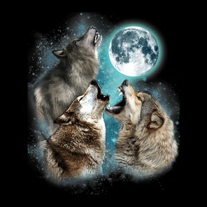 May include: Three grey wolves howling at a full moon in a starry night sky. The moon is bright white and the sky is a dark blue with white stars.