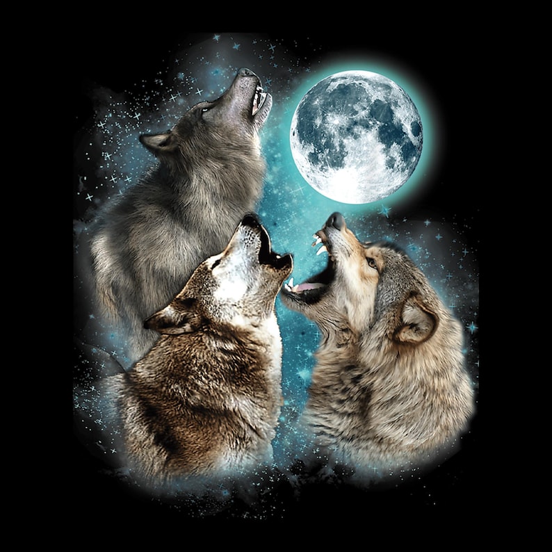 May include: Three grey wolves howling at a full moon in a starry night sky. The moon is bright white and the sky is a dark blue with white stars.