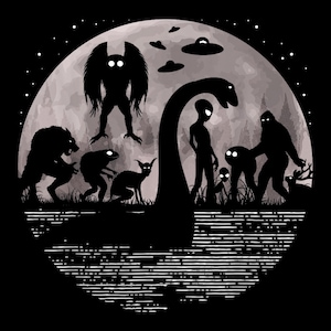 T-shirtontwerp mythische wezens onder de maan | Versleutelde kunst | Bigfoot, ufo&#39;s en monster van Loch Ness | Digitale download | Directe png-download