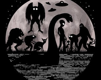 Mythical Creatures Under the Moon T-shirt Design | Cryptid Art | Bigfoot, UFOs & Loch Ness Monster | Digital Download | Instant Download PNG
