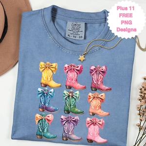 Coquette Cowgirl Boots Watercolor Png Bright Rainbow Country Western Sublimation Ribbons Bows 3 x 3 Grid T Shirt Design Instant Download