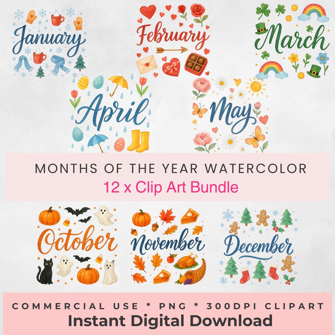 Months of the Year Watercolor Clipart Bundle Names of the Months Script ...