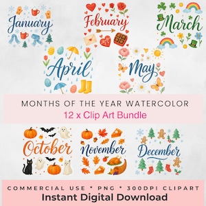 Months of The Year Watercolor Clipart Bundle Names of the Months Script Pngs Seasonal Planner Graphics Sublimation Digital Downloads