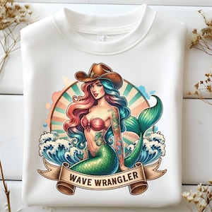 Western Aquarell Sirene Meerjungfrau Cowgirl Sublimation PNG Welle Wrangler Tattoo Style Clip Art Retro Vintage Küsten Sommer Strand Surf Grafik