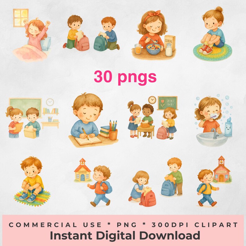 Kids Daily Routine Watercolor Clipart Bundle Planner Teaching Chart ...