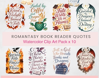 Romantasy Bookish Clipart Bundle, Fantasy Reading Quote PNGs Dragon Fae Knight Reader Aesthetic, Book Lover Watercolor Sublimation Designs 3