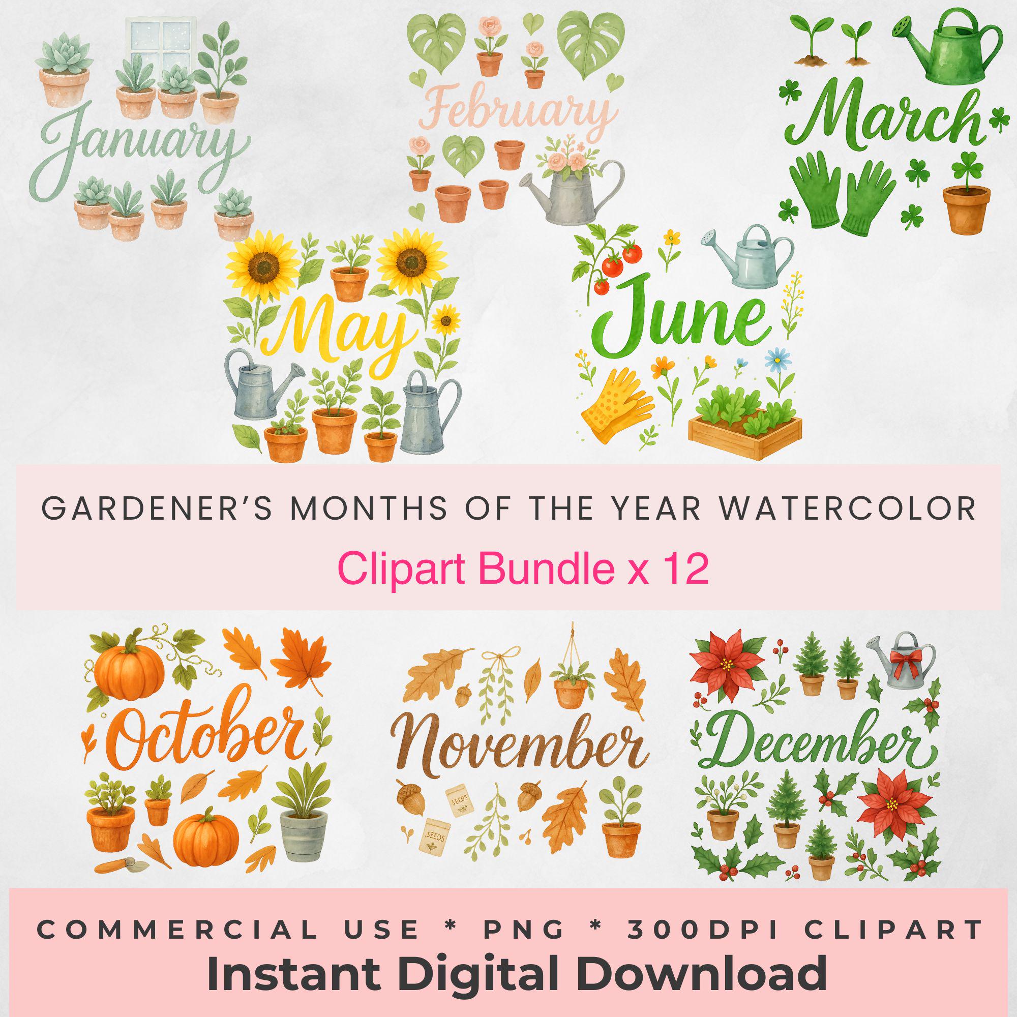 Watercolor Clipart Months of the Year Digital PNG Bundle for Gardeners ...