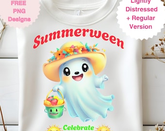 Coquette Summerween Kawaii Ghost PNG Spooky Cute Halloween Watercolor Sublimation Digital Download T Shirt Design