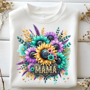 Diseño de sublimación de girasol PNG para mamá, estampado de leopardo occidental, día de la madre, descarga digital instantánea, UVDTF, neón, mamá, país, mamá, diseño gráfico
