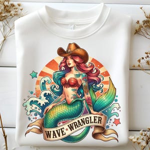 Western Aquarell Sirene Meerjungfrau Cowgirl Sublimation PNG Welle Wrangler Tattoo Style Clip Art Retro Vintage Küsten Sommer Strand Surf Grafik