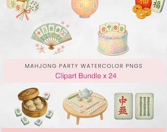 Op de afbeelding: Waterverf clipart bundel met diverse Mahjong party elementen. Bevat een lantaarn, waaier, taart, dumplings, theeset en tegels. De tekst luidt "MAHJONG PARTY WATERCOLOR PNGS Clipart Bundle x 24".