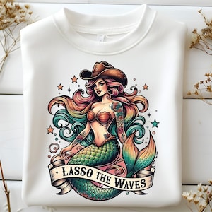 Western Aquarell Meerjungfrau Sirene Lasso Die Wellen Tattoo Style Clip Art PNG Vintage Retro Coastal Cowgirl Strand Sommer Surf Sublimation UVDTF