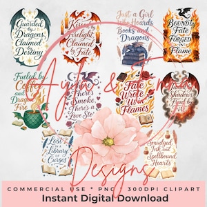 May include: A digital download graphic featuring fantasy-themed designs. The image includes various illustrations with text such as "Guarded by Dragons," "Fueled by Coffee and Dragon Fire," and "Bound by Fate." The overall color palette is warm, with accents of red, orange, and green.