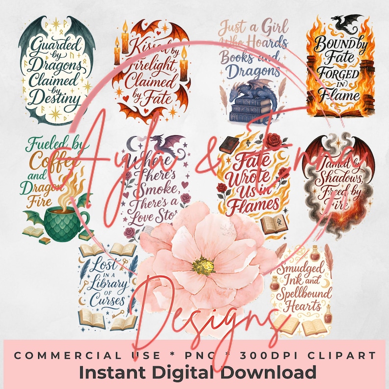 May include: A digital download graphic featuring fantasy-themed designs. The image includes various illustrations with text such as "Guarded by Dragons," "Fueled by Coffee and Dragon Fire," and "Bound by Fate." The overall color palette is warm, with accents of red, orange, and green.