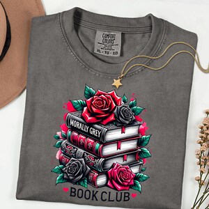 Morally Grey Book Club PNG Watercolor Gothic Romance Dark Academia Romantasy Bookstack Red Rose Sublimation Design Download T Shirt Design