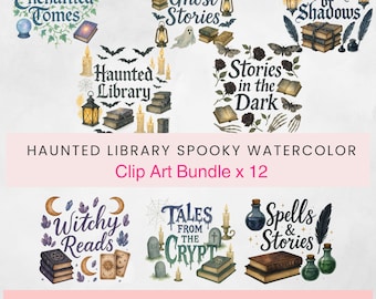 May include: A digital art bundle featuring watercolor illustrations with a spooky, gothic theme. The designs include books, candles, ghosts, bats, and text such as "Ghost Stories" and "Haunted Library". The words "Instant Digital Download" are also present.