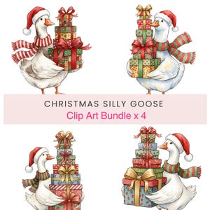 Può includere: Pacchetto di clip art ad acquerello con quattro immagini di un'oca bianca con cappello e sciarpa di Babbo Natale, che trasporta una pila di regali di Natale. I regali sono decorati con vari motivi e nastri. Testo: "CHRISTMAS SILLY GOOSE Clip Art Bundle x 4".