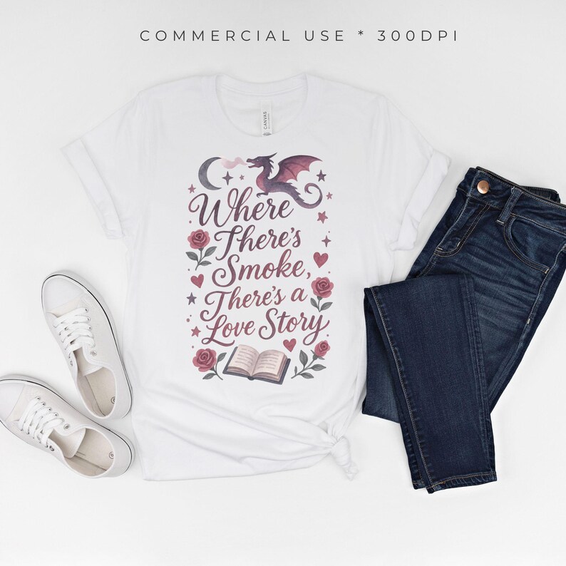 May include: White t-shirt with the text "Where There's Smoke, There's a Love Story" and a dragon graphic. The shirt is paired with dark blue jeans and white sneakers. The design includes roses, hearts, and a book.