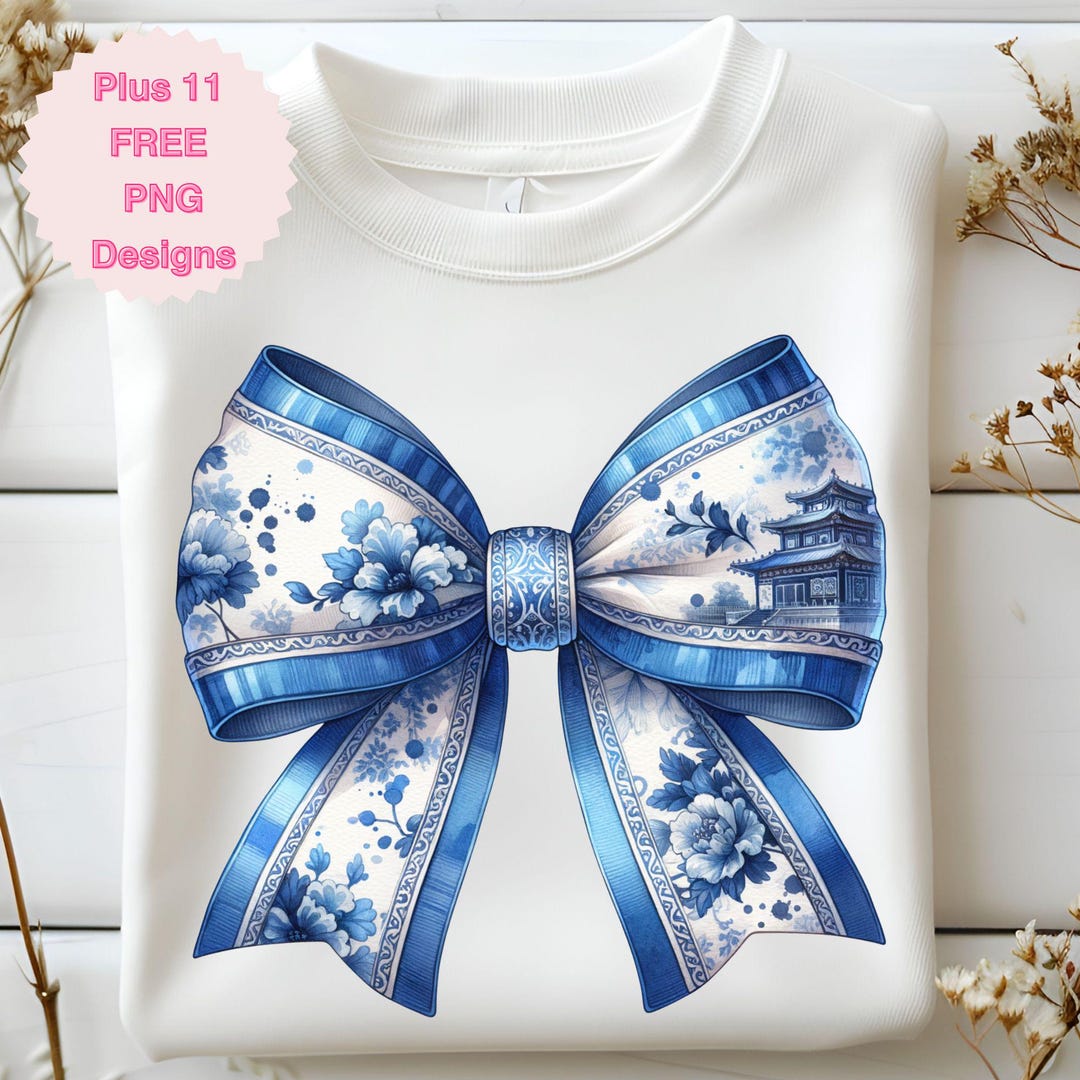 Blue Toile Coquette Watercolor Bow Sublimation PNG T Shirt Design ...