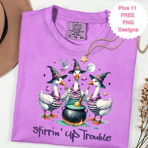 Halloween Goose Witches Brew Geese PNG Stirring Up Trouble Cute Silly Goose Funny Png Sublimation Download Girls Night Group T Shirt Design