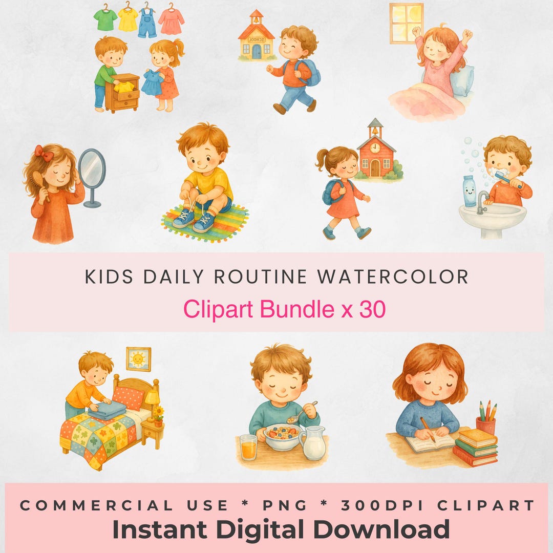Kids Daily Routine Watercolor Clipart Bundle Planner Teaching Chart ...