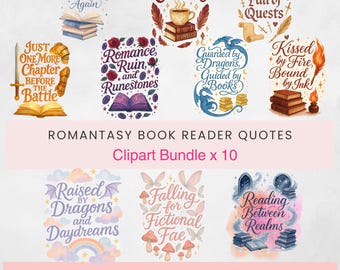 Romantasy Reader Bookish Quotes Clipart Bundle Dragon Fae Book Lover Bibliophile Watercolor Pngs Make Stickers Digital Download