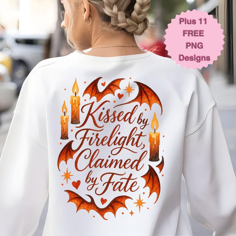 May include: White sweatshirt with a design featuring the text "Kissed by Firelight, Claimed by Fate" in a stylized font. The design includes bat wings, candles, hearts, and stars in shades of orange and brown.