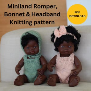 May include: Knitting pattern for a doll romper, bonnet and headband. The pattern includes instructions for making a green romper, a green bonnet and a pink headband. The pattern is shown with two dolls wearing the finished items.