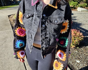 Reworked Black Crochet Sleeve Boho Denim Jacket  (M)