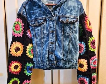 Reworked Boho Granny Square Crochet Sleeve Denim Jacket | Bleach Splattered With Hood (XS)