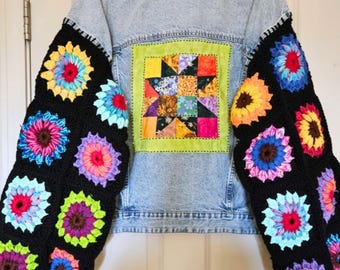 Crochet Sleeve Denim Jacket | Green Sawtooth Star | (L)