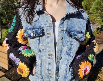Cottagecore Crochet Sleeve Denim Jacket | Granny Square, Reworked (M)