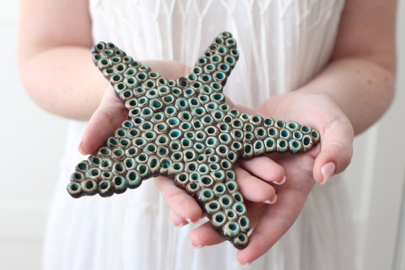 Blue and Gold Starfish Decorative Ceramic Wall Art Tile 8x10 