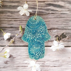 Handmade turquoise Hamsa, Ceramic Hamsa decoration, Israeli art, Hamsa wall art, Hanging hamsa, Ethnic pattern, Ceramic hamsa hand